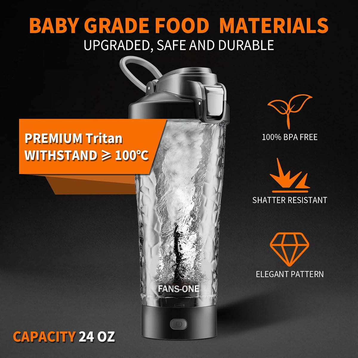 Electric Protein Shaker Bottle, 24 Oz Lockable Blender Cup, Black